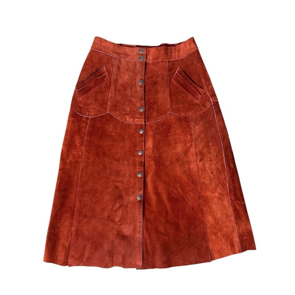 Vintage Burnt Orange Suede Leather Midi Skirt Pockets 26” Waist Western Fairy